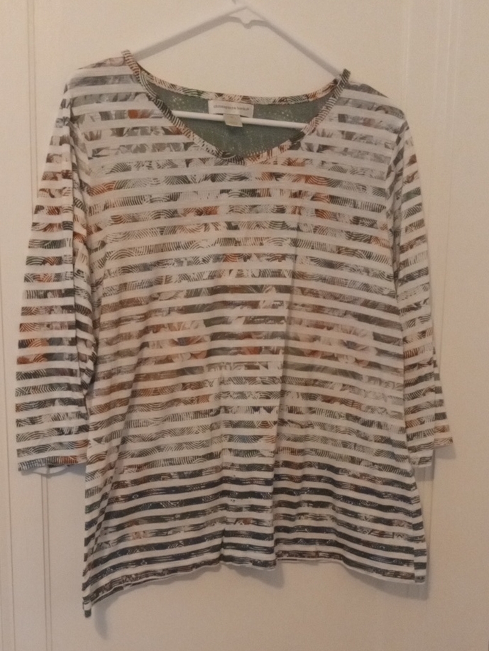 women 3/4 sleeve top white with green orange accents, lace back shoulders xl